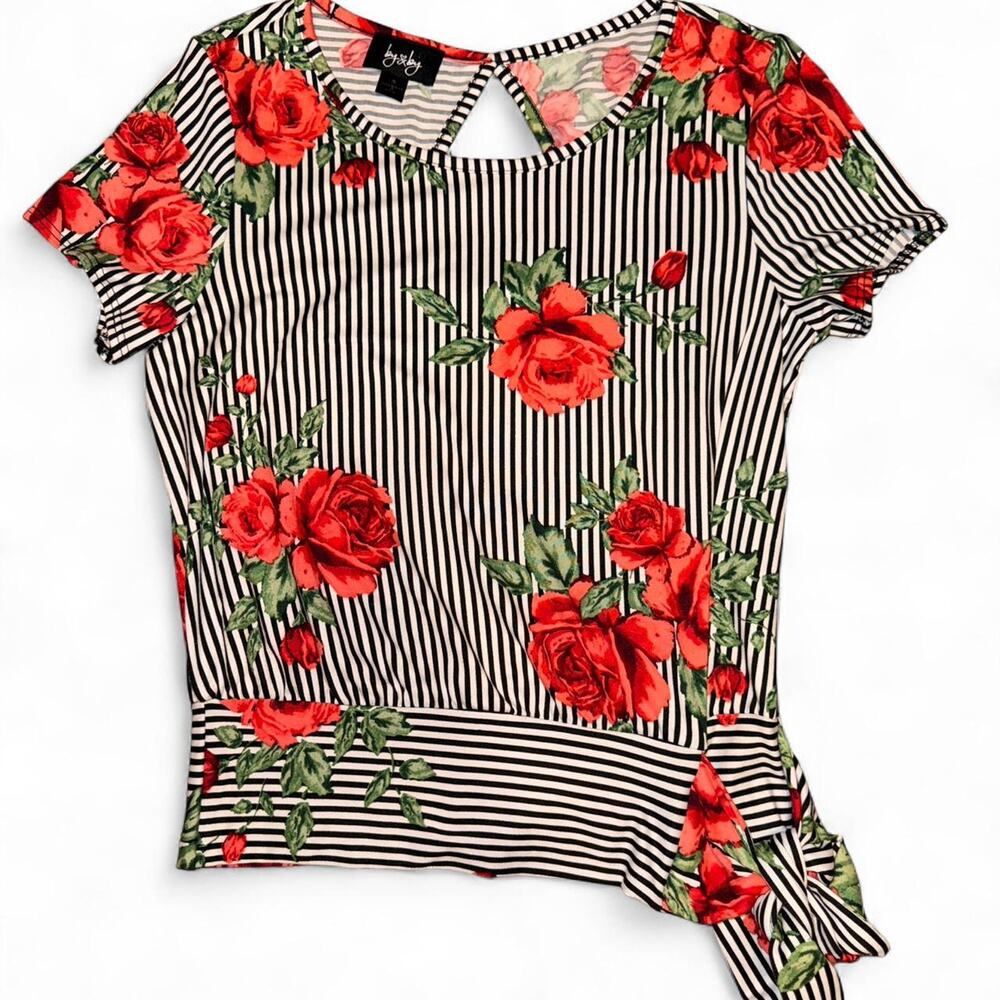 Y2K Striped Floral Whimsygoth Tie Top Coquette Roses Shirt